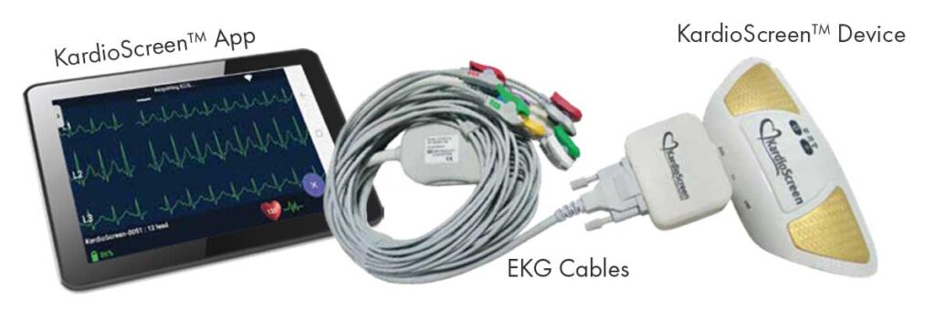 KardioScreen app, ekg cables, and KardioScreen Device